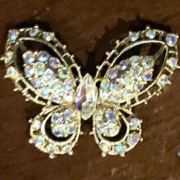Jewelry - Vintage Filigree Gold and Rhinestone Butterfly Brooch